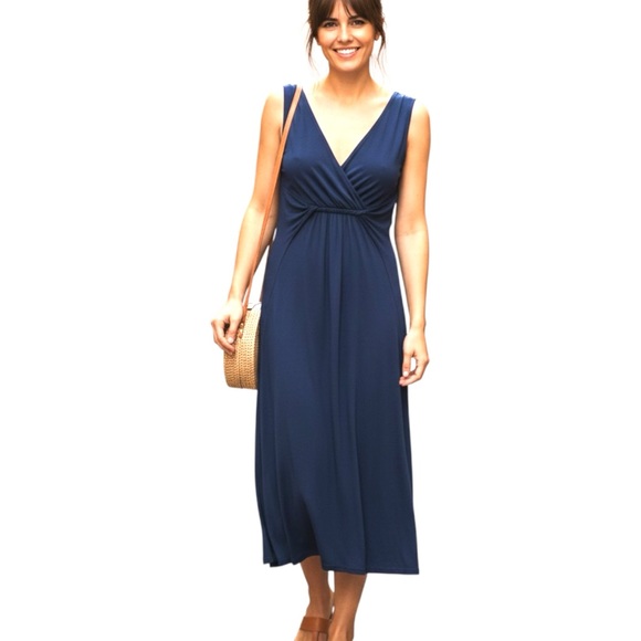 Navy Blue Twist Front Low Plunge Neck Jersey Knit Midi Dress, Size Small - Picture 1 of 8